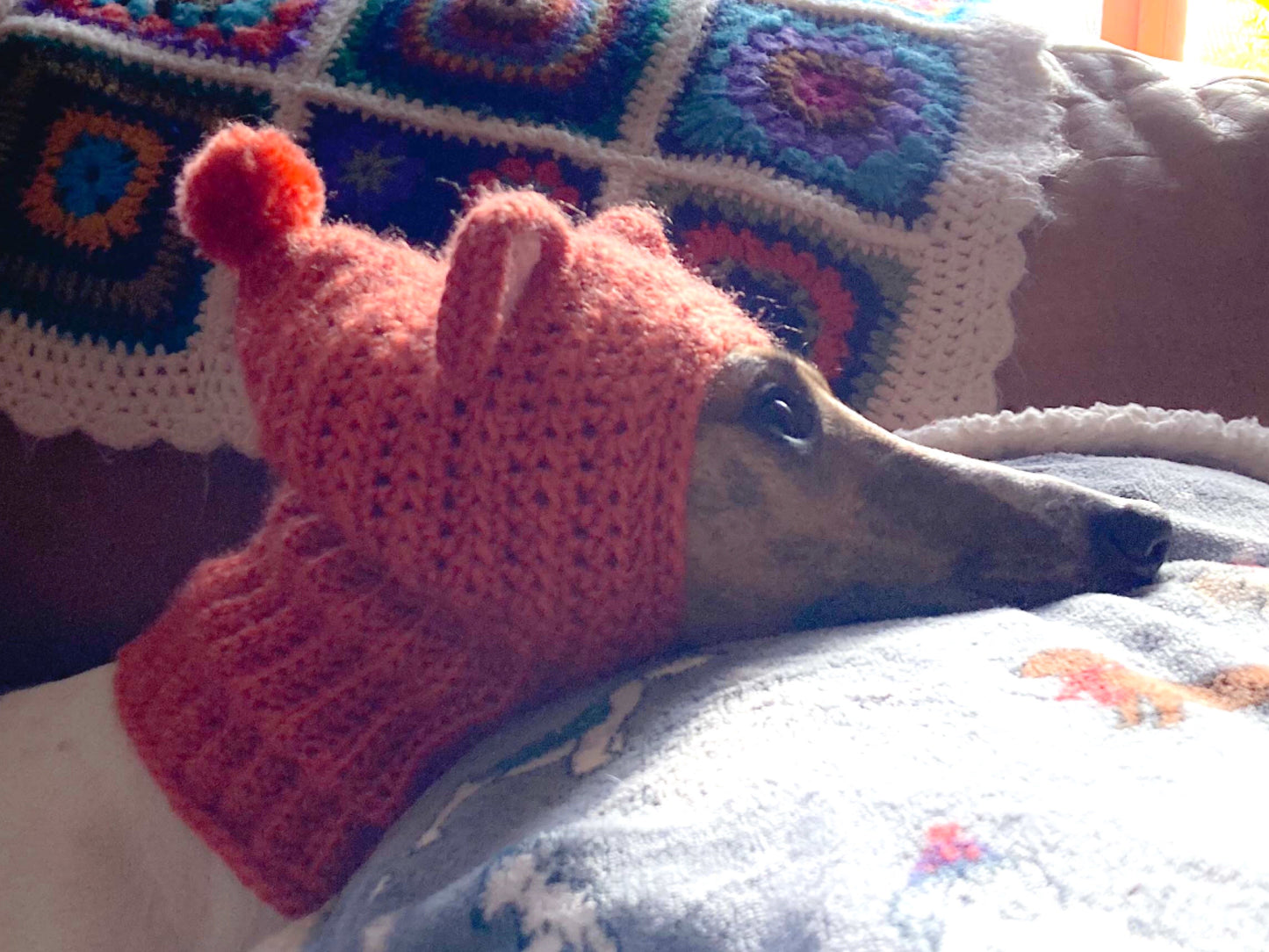 HANDMADE KNITTED WHIPPET SNOOD POINTY HOOD TEDDY BEAR EARS POM POM HAT