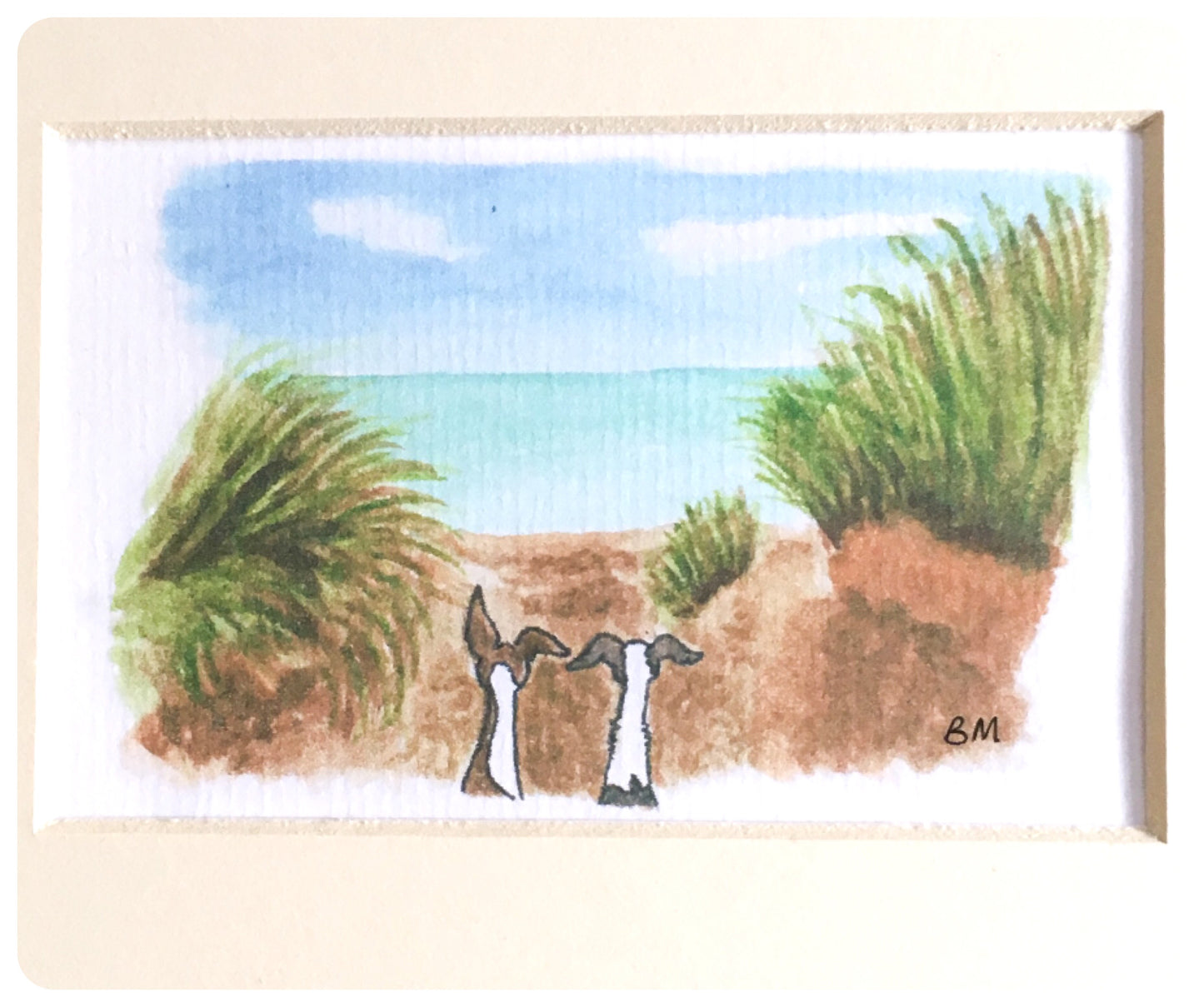 WHIPPET GREYHOUND SIGHTHOUND LURCHER ITALIAN GREYHOUND ART ILLUSTRATION WATERCOLOUR BEACH SEA CUTE