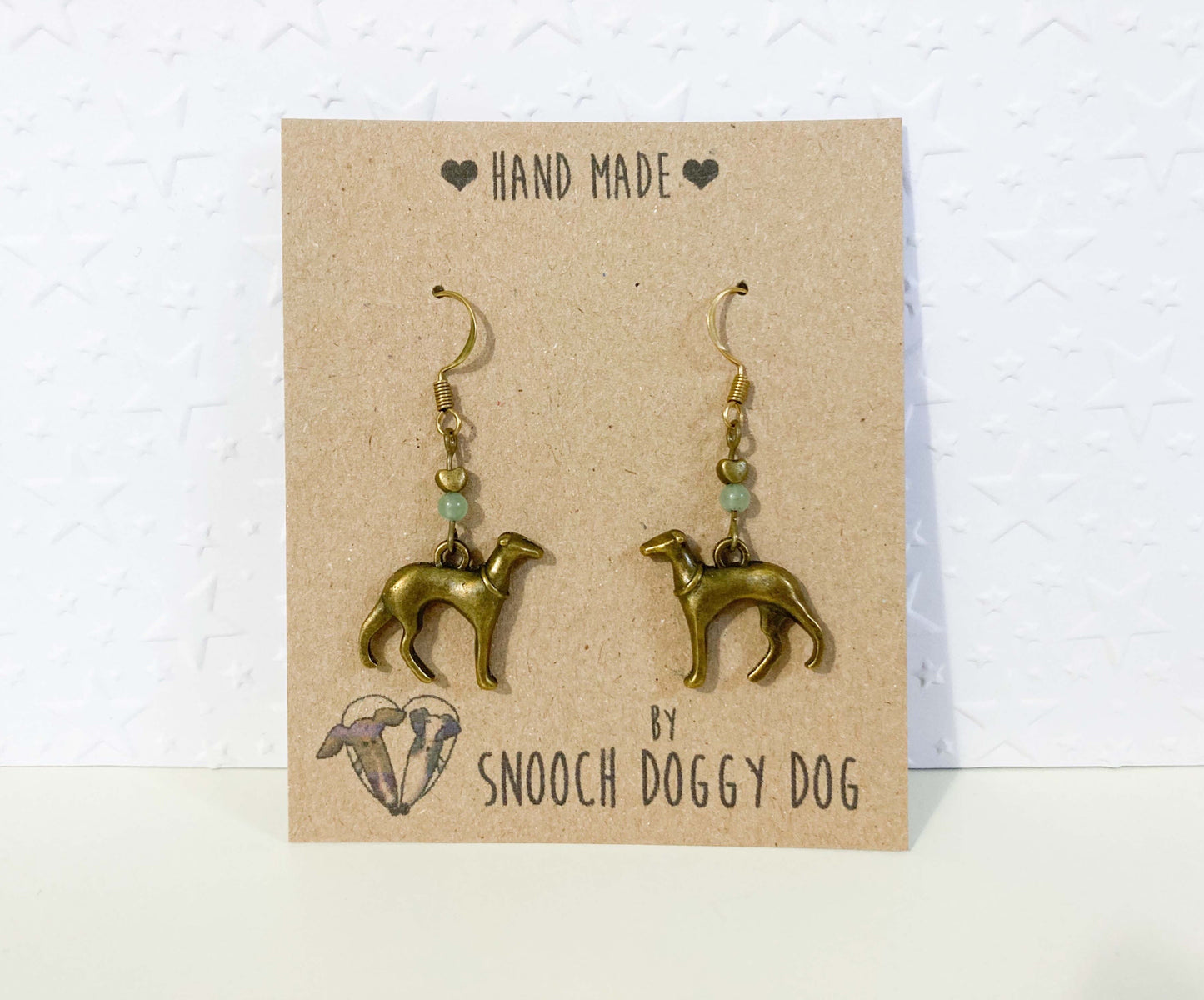 ANTIQUE BRASS BRONZE GOLD ITALIAN GREYHOUND WHIPPET SIGHTHOUND LURCHER EARRINGS NATURAL JADE GEMSTONE CHARM LOVE HEART KEEPSAKE GIFT