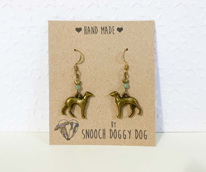 ANTIQUE BRASS BRONZE GOLD ITALIAN GREYHOUND WHIPPET SIGHTHOUND LURCHER EARRINGS NATURAL JADE GEMSTONE CHARM LOVE HEART KEEPSAKE GIFT