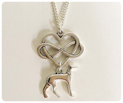 SILVER GREYHOUND WHIPPET SIGHTHOUND LURCHER CHARM NECKLACE CHAIN INFINITY HEART KEEPSAKE GIFT