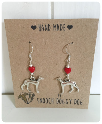 SILVER ITALIAN GREYHOUND WHIPPET SIGHTHOUND LURCHER CHARM EARRINGS RED CZECH GLASS LOVE HEART 925 STERLING STAINLESS STEEL KEEPSAKE GIFT