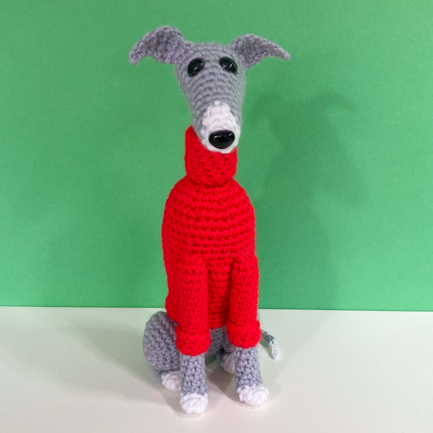 BLUE GREY WHITE CROCHET MINI WHIPPET GREYHOUND SIGHTHOUND ITALIAN GREYHOUND PLUSH  IN A KNITTED RED SWEATER KEEPSAKE MEMORIAL GIFT