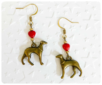 ANTIQUE BRASS BRONZE GOLD ITALIAN GREYHOUND WHIPPET SIGHTHOUND LURCHER EARRINGS CHARM RED CZECH GLASS LOVE HEART KEEPSAKE GIFT