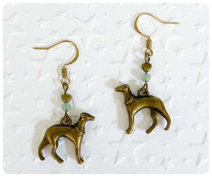 ANTIQUE BRASS BRONZE GOLD ITALIAN GREYHOUND WHIPPET SIGHTHOUND LURCHER EARRINGS NATURAL JADE GEMSTONE CHARM LOVE HEART KEEPSAKE GIFT