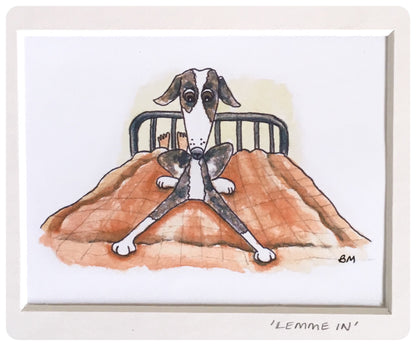 WHIPPET GREYHOUND SIGHTHOUND LURCHER ITALIAN GREYHOUND BED ART ILLUSTRATION WATERCOLOUR FUNNY CARTOON