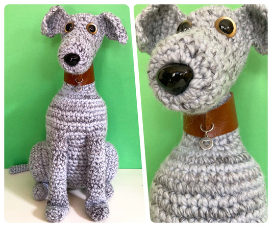 GREY BRINDLE CROCHET HUGE HUGGABLE WHIPPET GREYHOUND SIGHTHOUND ITALIAN GREYHOUND PLUSH KEEPSAKE MEMORIAL GIFT