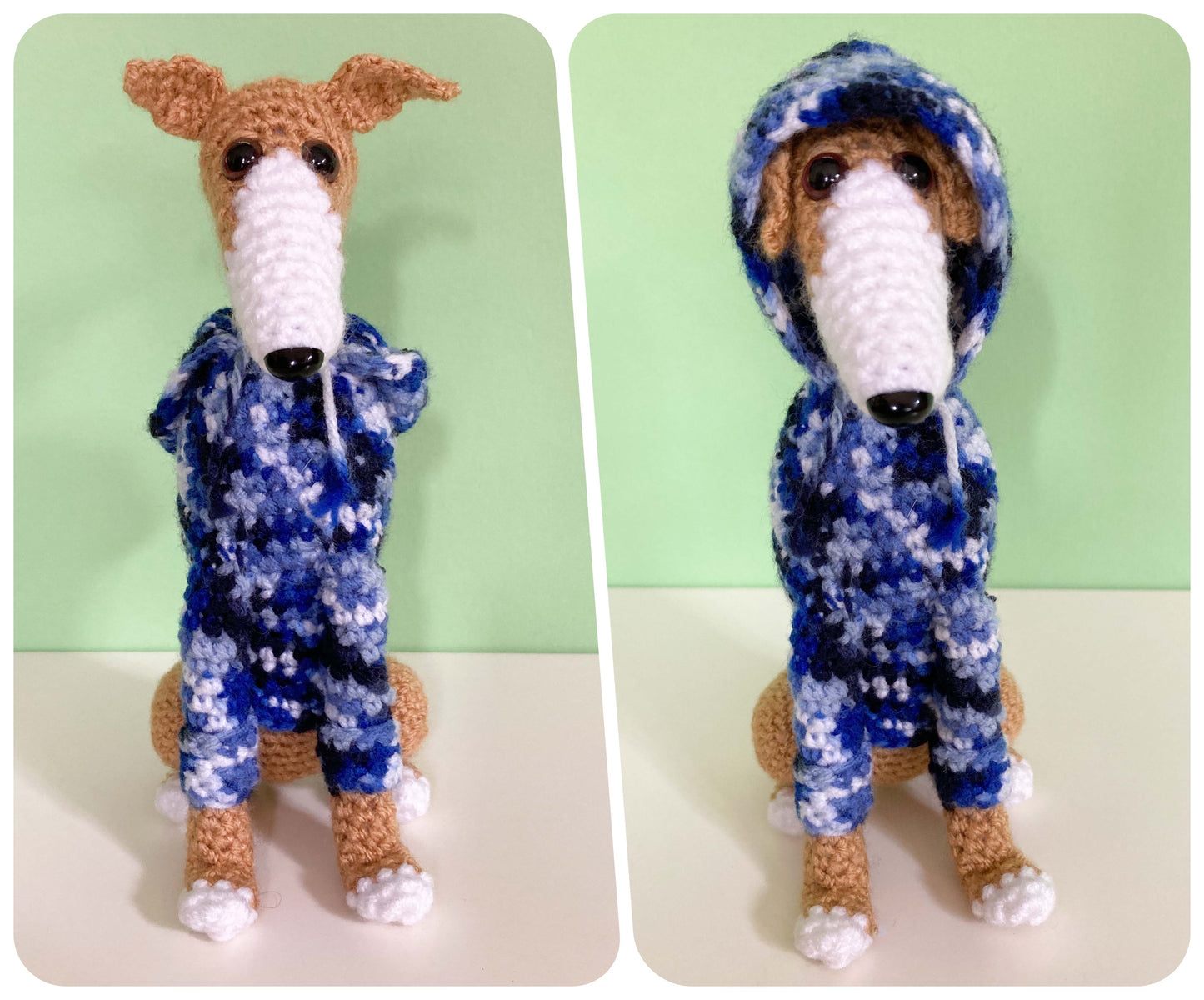 TAN WHITE CROCHET MINI WHIPPET GREYHOUND SIGHTHOUND ITALIAN GREYHOUND PLUSH  IN A KNITTED BLUE HOODIE KEEPSAKE MEMORIAL GIFT