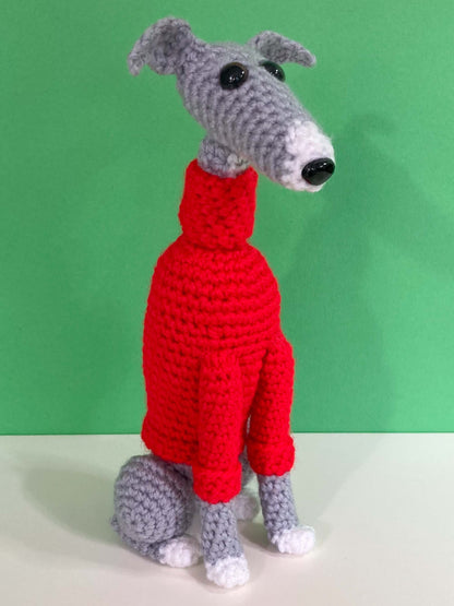 BLUE GREY WHITE CROCHET MINI WHIPPET GREYHOUND SIGHTHOUND ITALIAN GREYHOUND PLUSH  IN A KNITTED RED SWEATER KEEPSAKE MEMORIAL GIFT