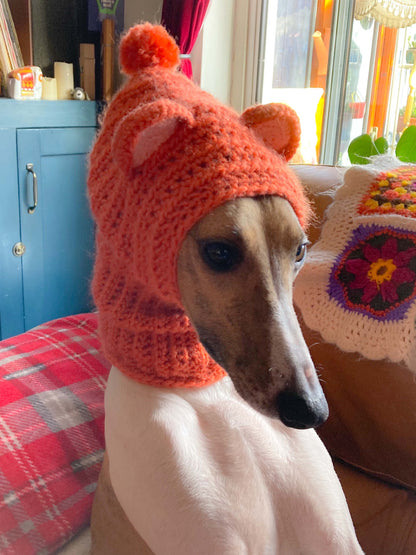 HANDMADE KNITTED WHIPPET SNOOD POINTY HOOD TEDDY BEAR EARS POM POM HAT