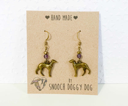 ANTIQUE BRASS BRONZE GOLD ITALIAN GREYHOUND WHIPPET SIGHTHOUND LURCHER EARRINGS NATURAL AMETHYST GEMSTONE CHARM LOVE HEART KEEPSAKE GIFT