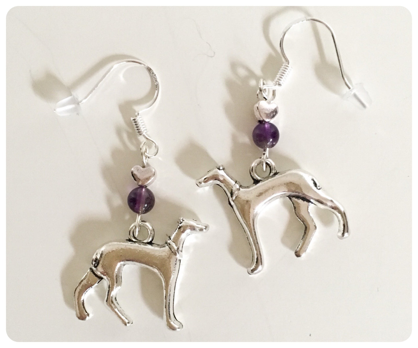 SILVER ITALIAN GREYHOUND WHIPPET SIGHTHOUND LURCHER EARRINGS NATURAL AMETHYST GEMSTONE 925 STERLING STAINLESS STEEL CHARM HEART KEEPSAKE GIFT