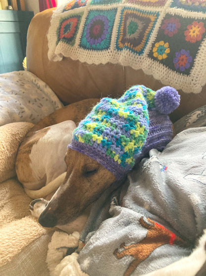 HANDMADE KNITTED WHIPPET SNOOD POINTY HOOD POM POM HAT