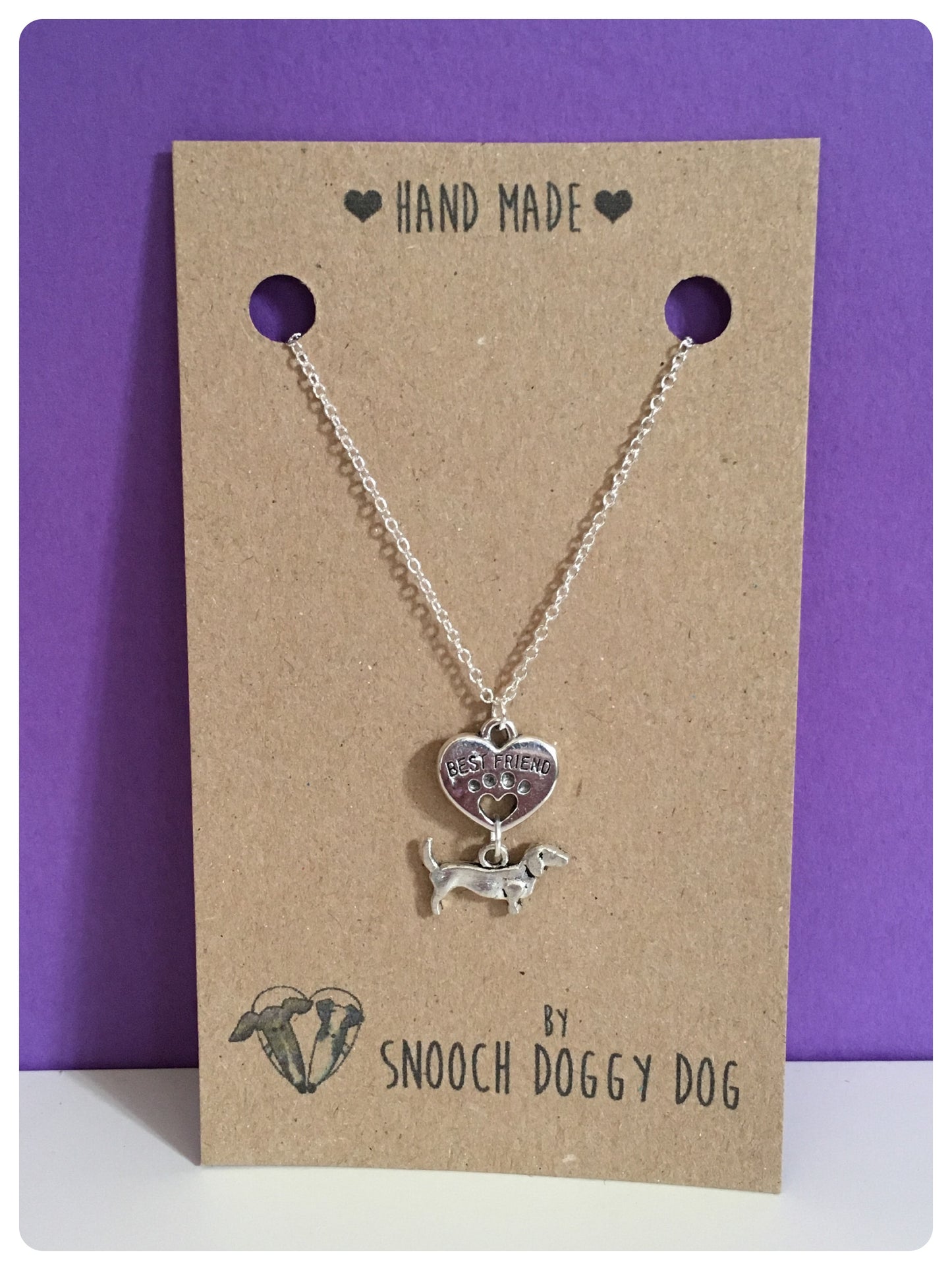 ANTIQUE SILVER DACHSHUND SAUSAGE DOG CHARM NECKLACE BEST FRIEND LOVE HEART PAW PRINT KEEPSAKE GIFT