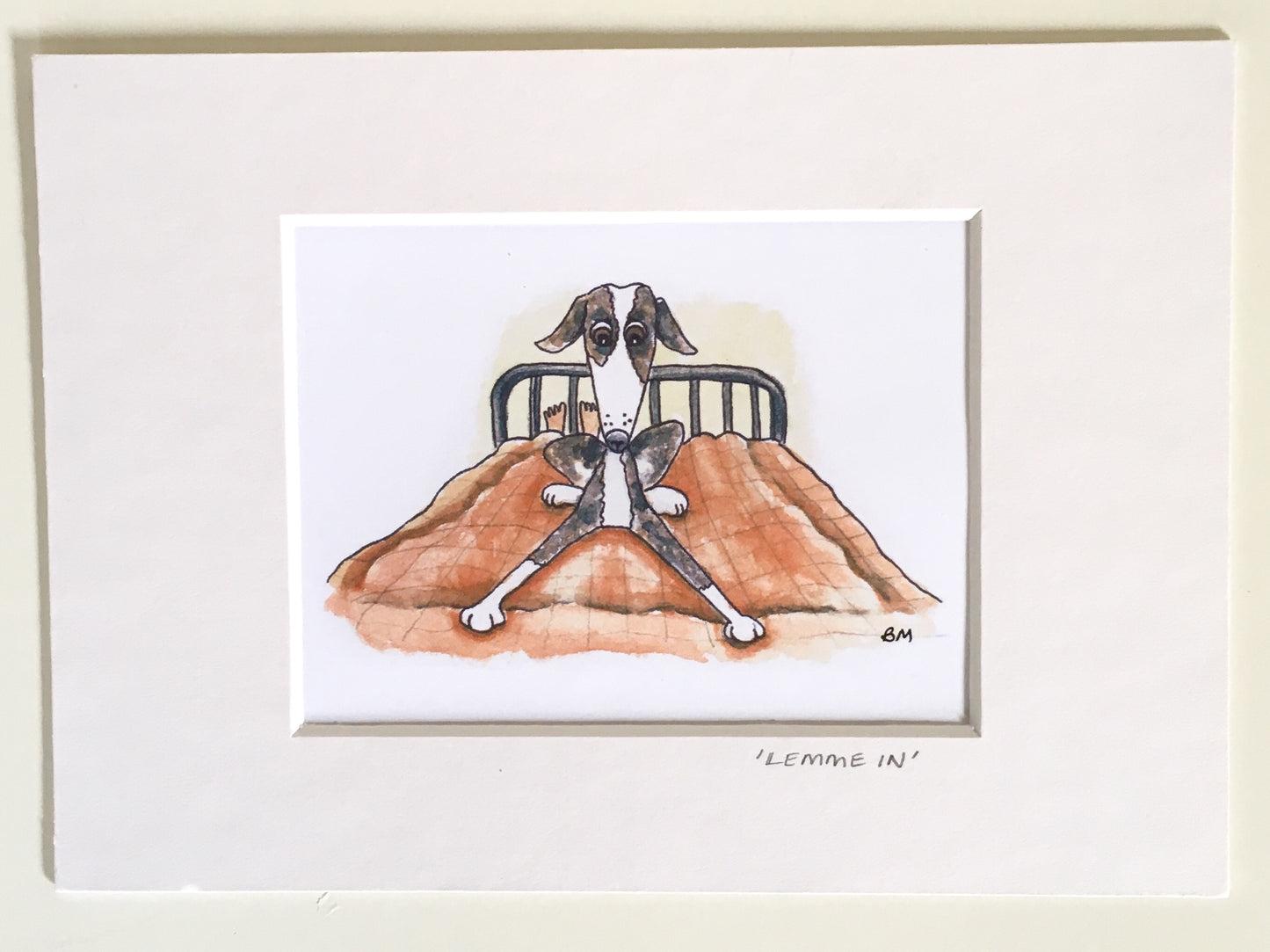 WHIPPET GREYHOUND SIGHTHOUND LURCHER ITALIAN GREYHOUND BED ART ILLUSTRATION WATERCOLOUR FUNNY CARTOON