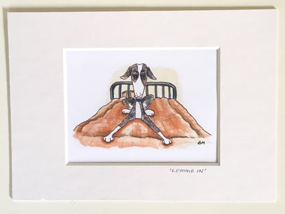 WHIPPET GREYHOUND SIGHTHOUND LURCHER ITALIAN GREYHOUND BED ART ILLUSTRATION WATERCOLOUR FUNNY CARTOON