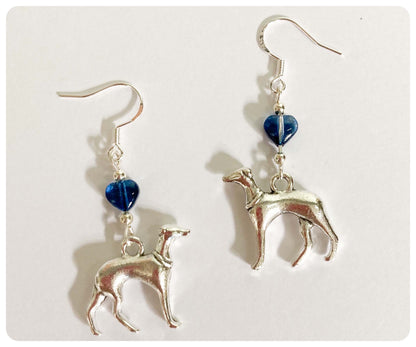 SILVER ITALIAN GREYHOUND WHIPPET SIGHTHOUND LURCHER CHARM EARRINGS BLUE CZECH GLASS LOVE HEART 925 STERLING STAINLESS STEEL KEEPSAKE GIFT