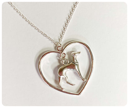 SILVER GREYHOUND WHIPPET SIGHTHOUND LURCHER CHARM NECKLACE CHAIN LOVE HEART KEEPSAKE GIFT