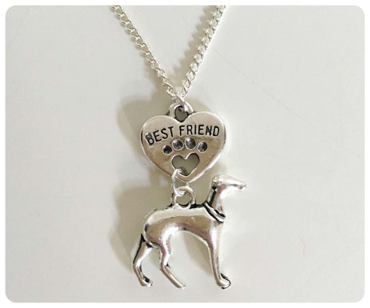 SILVER GREYHOUND WHIPPET SIGHTHOUND LURCHER CHARM NECKLACE CHAIN BEST FRIEND HEART KEEPSAKE GIFT