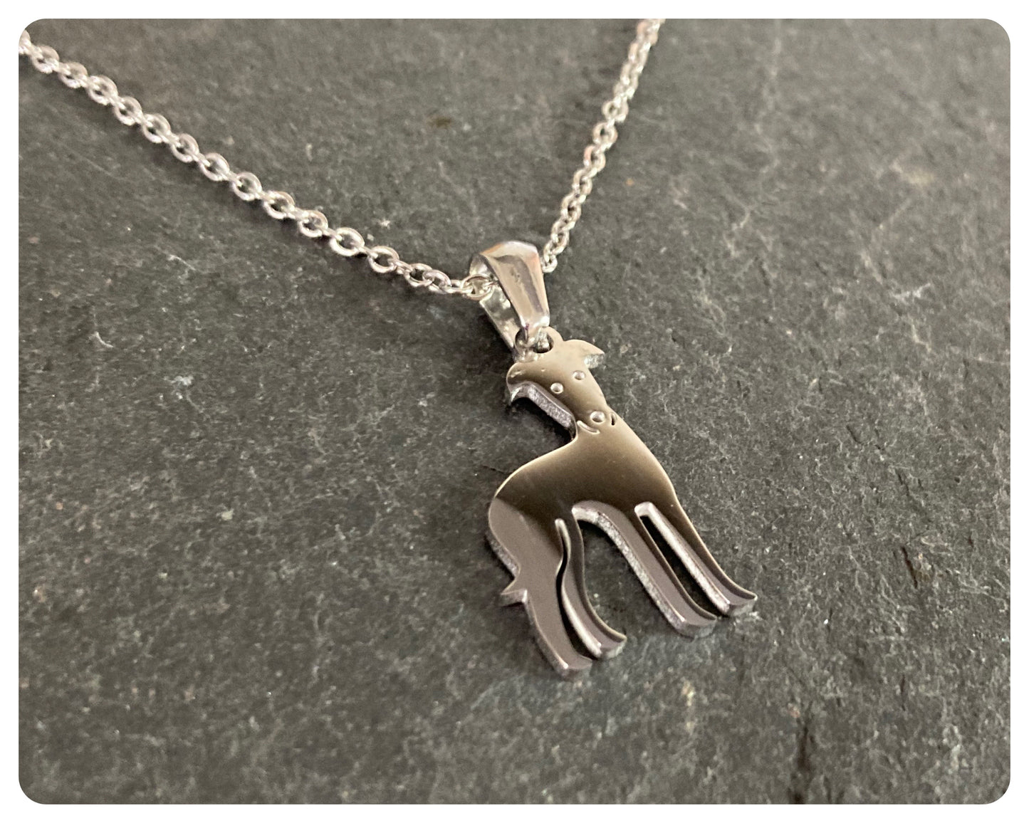 SILVER STAINLESS STEEL GREYHOUND WHIPPET SIGHTHOUND LURCHER CHARM NECKLACE CHAIN KEEPSAKE GIFT