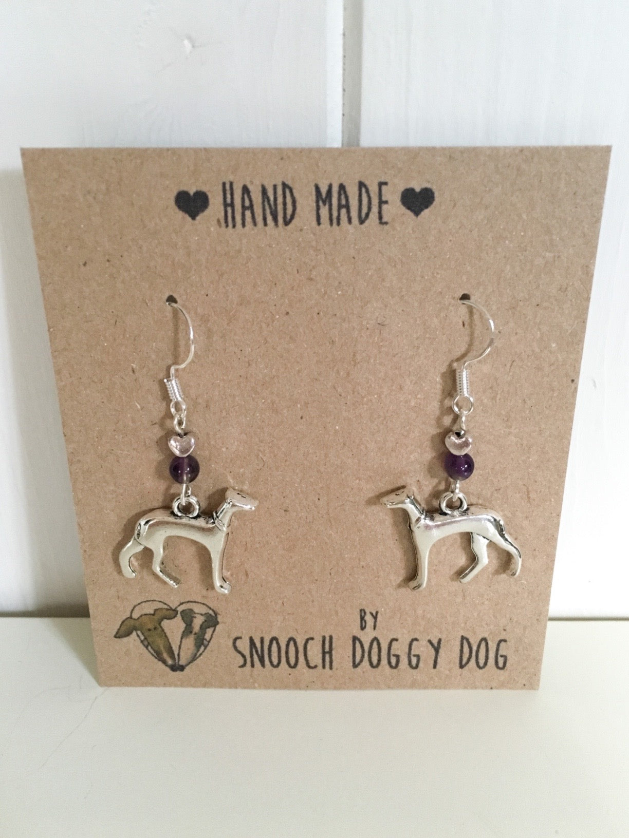 SILVER ITALIAN GREYHOUND WHIPPET SIGHTHOUND LURCHER EARRINGS NATURAL AMETHYST GEMSTONE 925 STERLING STAINLESS STEEL CHARM HEART KEEPSAKE GIFT