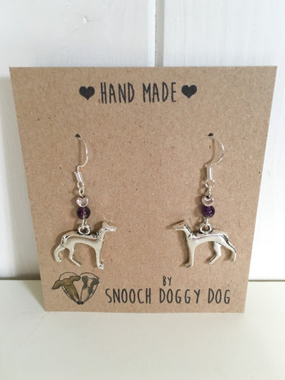 SILVER ITALIAN GREYHOUND WHIPPET SIGHTHOUND LURCHER EARRINGS NATURAL AMETHYST GEMSTONE 925 STERLING STAINLESS STEEL CHARM HEART KEEPSAKE GIFT