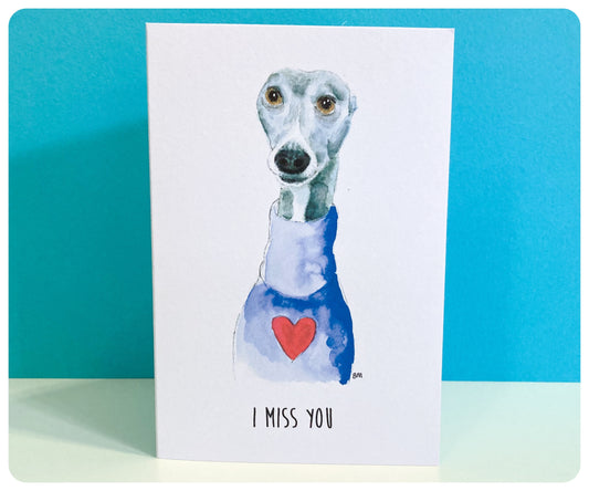 GREY BLUE WHITE WHIPPET GREYHOUND SIGHTHOUND LURCHER ITALIAN GREYHOUND LOVE HEART SWEATER MISS YOU ART ILLUSTRATION GREETINGS CARD