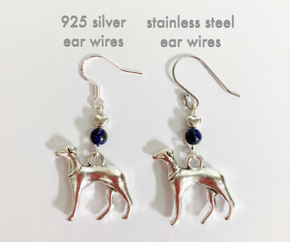 SILVER ITALIAN GREYHOUND WHIPPET SIGHTHOUND LURCHER EARRINGS NATURAL AMETHYST GEMSTONE 925 STERLING STAINLESS STEEL CHARM HEART KEEPSAKE GIFT