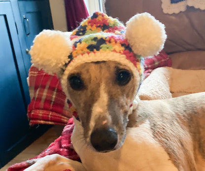 HANDMADE KNITTED WHIPPET SNOOD POINTY HOOD POM POM HAT