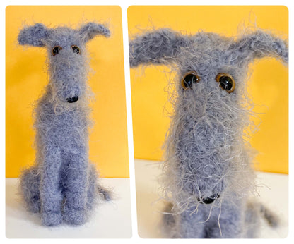 LIGHT GREY BLUE CROCHET MINI HAIRY SCRUFFY FUZZY HOUND MINI PLUSH DOG BEDLINGTON WHIPPET WOLFHOUND LURCHER DEERHOUND PLUSH KEEPSAKE MEMORIAL GIFT