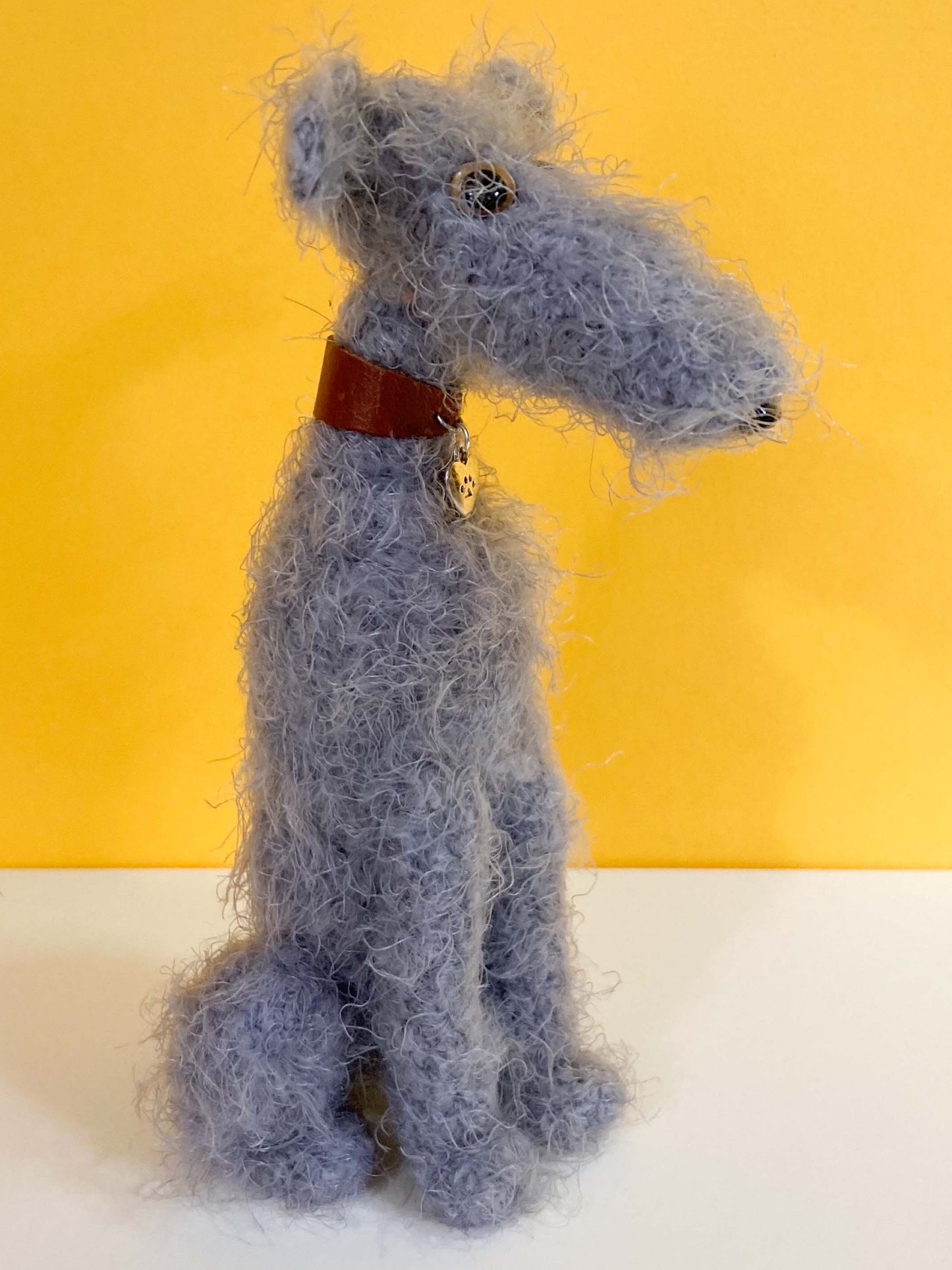 LIGHT GREY BLUE CROCHET MINI HAIRY SCRUFFY FUZZY HOUND MINI PLUSH DOG BEDLINGTON WHIPPET WOLFHOUND LURCHER DEERHOUND PLUSH KEEPSAKE MEMORIAL GIFT