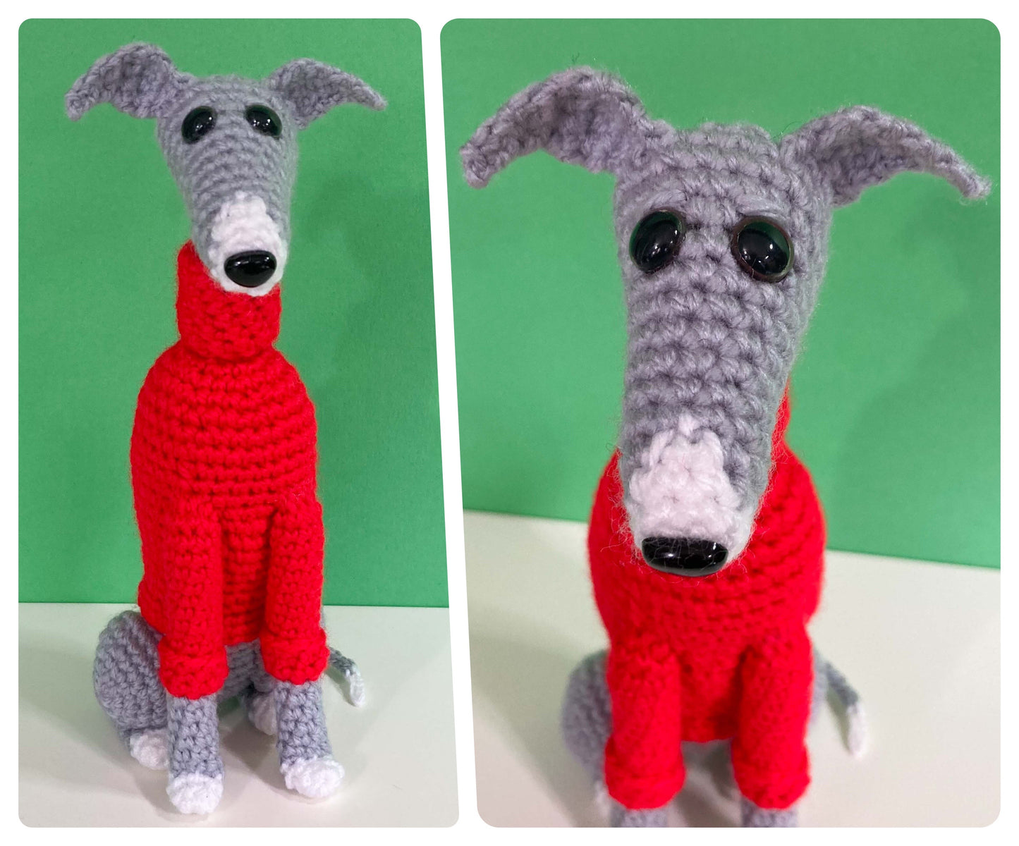 BLUE GREY WHITE CROCHET MINI WHIPPET GREYHOUND SIGHTHOUND ITALIAN GREYHOUND PLUSH  IN A KNITTED RED SWEATER KEEPSAKE MEMORIAL GIFT