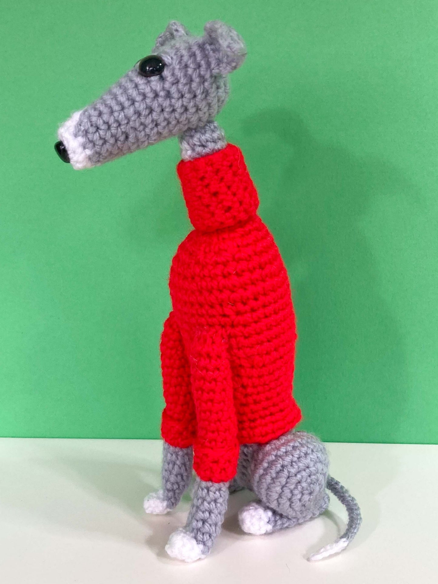 BLUE GREY WHITE CROCHET MINI WHIPPET GREYHOUND SIGHTHOUND ITALIAN GREYHOUND PLUSH  IN A KNITTED RED SWEATER KEEPSAKE MEMORIAL GIFT