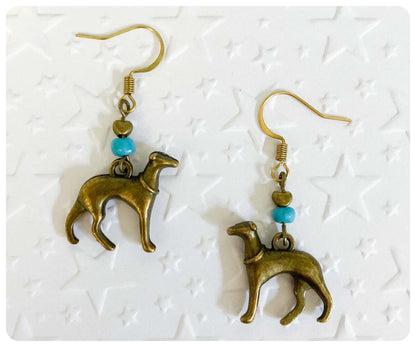 ANTIQUE BRASS BRONZE GOLD ITALIAN GREYHOUND WHIPPET SIGHTHOUND LURCHER EARRINGS NATURAL TURQUOISE GEMSTONE CHARM LOVE HEART KEEPSAKE GIFT