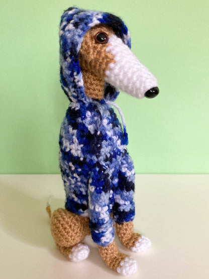 TAN WHITE CROCHET MINI WHIPPET GREYHOUND SIGHTHOUND ITALIAN GREYHOUND PLUSH  IN A KNITTED BLUE HOODIE KEEPSAKE MEMORIAL GIFT