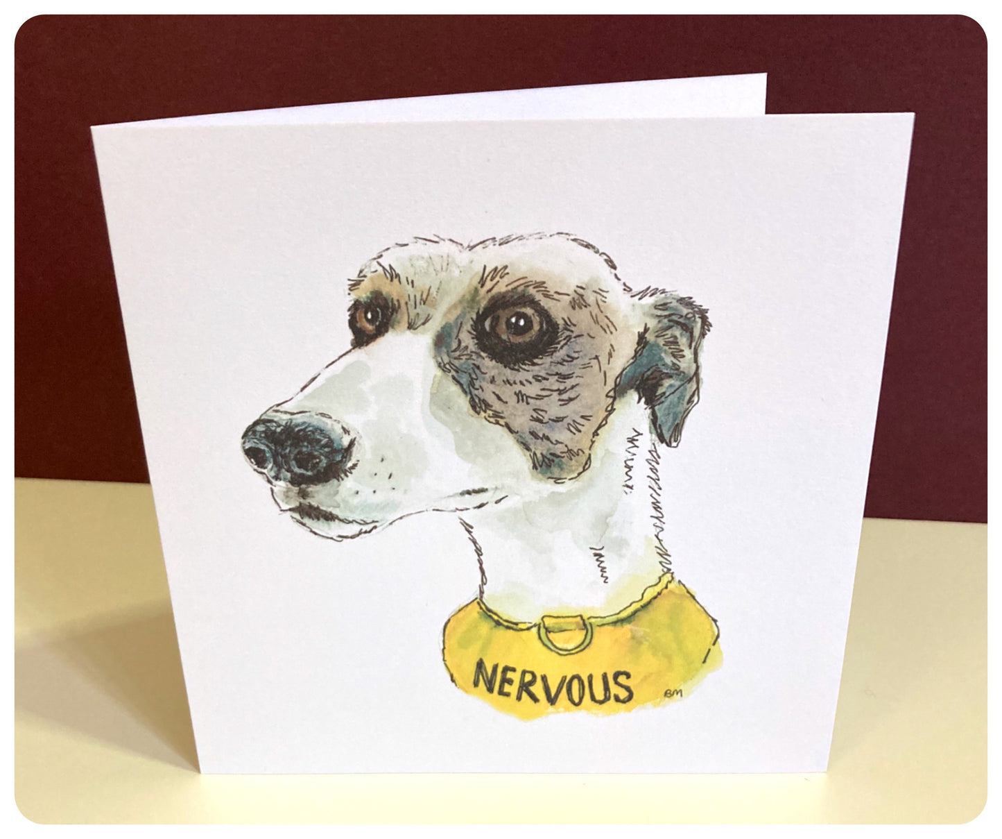 NERVOUS WHIPPET GREYHOUND SIGHTHOUND LURCHER ITALIAN GREYHOUND ART ILLUSTRATION GREETINGS CARD