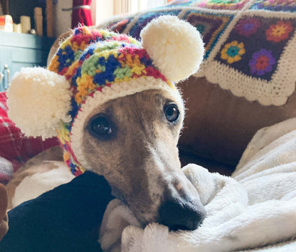 HANDMADE KNITTED WHIPPET SNOOD POINTY HOOD POM POM HAT