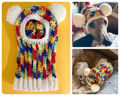 HANDMADE KNITTED WHIPPET SNOOD POINTY HOOD POM POM HAT