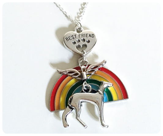 SILVER GREYHOUND WHIPPET SIGHTHOUND LURCHER CHARM NECKLACE CHAIN LOVE HEART PAW PRINT BEST FRIEND MEMORIAL PET BEREAVEMENT LOSS ANGEL RAINBOW BRIDGE KEEPSAKE GIFT