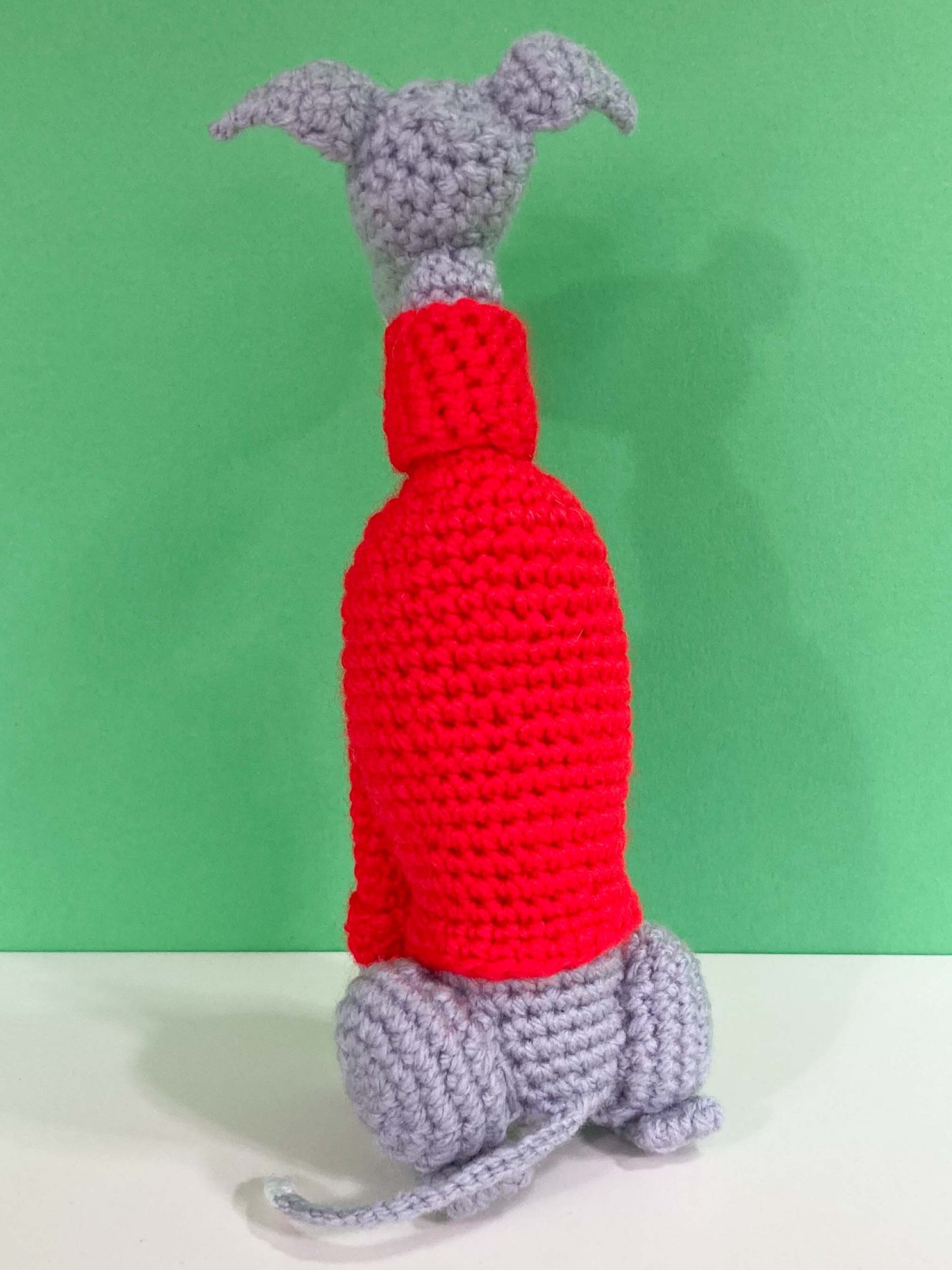 BLUE GREY WHITE CROCHET MINI WHIPPET GREYHOUND SIGHTHOUND ITALIAN GREYHOUND PLUSH  IN A KNITTED RED SWEATER KEEPSAKE MEMORIAL GIFT