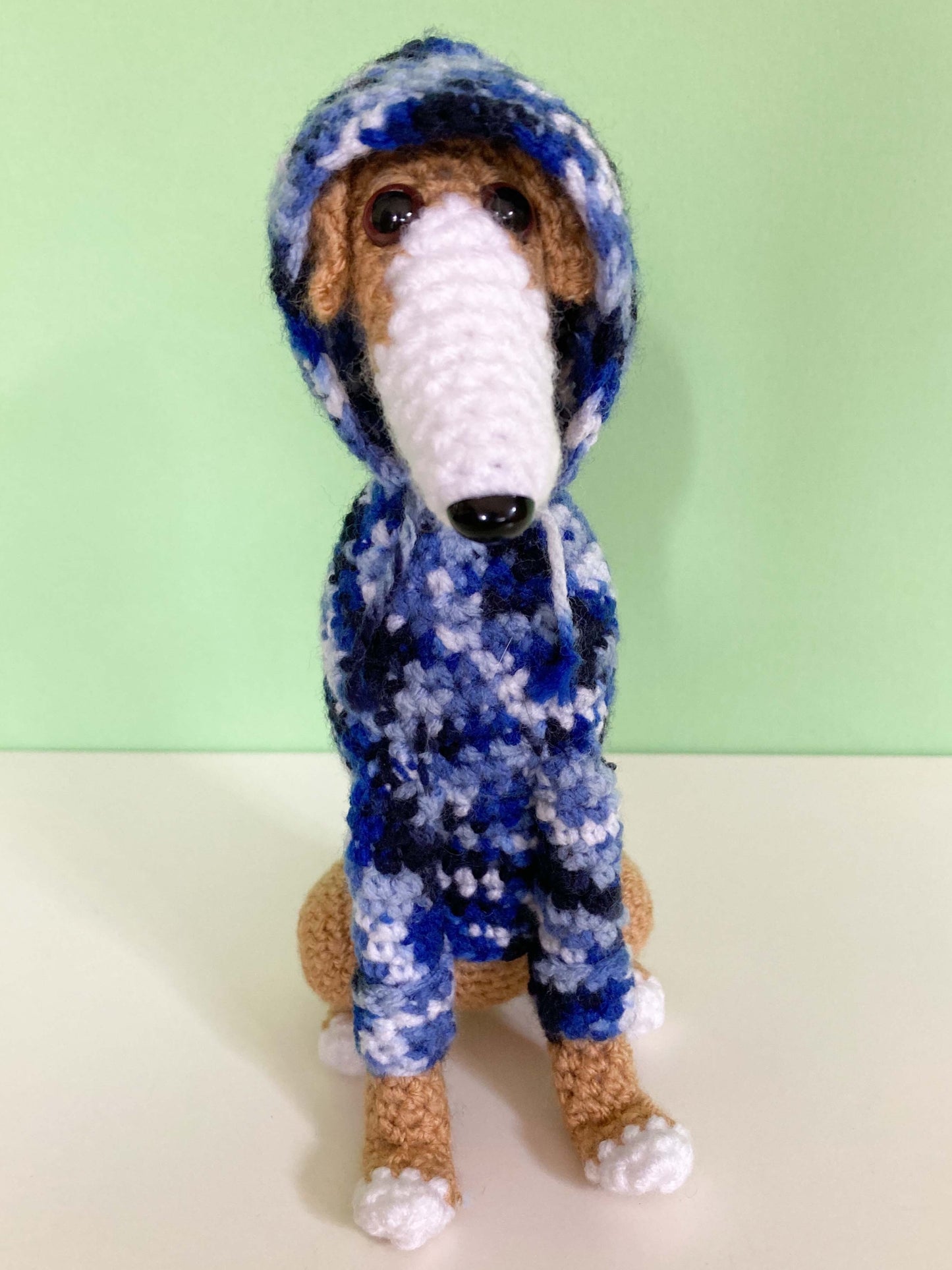 TAN WHITE CROCHET MINI WHIPPET GREYHOUND SIGHTHOUND ITALIAN GREYHOUND PLUSH  IN A KNITTED BLUE HOODIE KEEPSAKE MEMORIAL GIFT