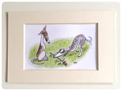 WHIPPET GREYHOUND SIGHTHOUND LURCHER ITALIAN GREYHOUND ART ILLUSTRATION WATERCOLOUR LOVE ROSE CUTE