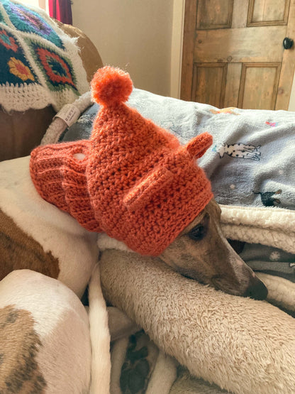 HANDMADE KNITTED WHIPPET SNOOD POINTY HOOD TEDDY BEAR EARS POM POM HAT