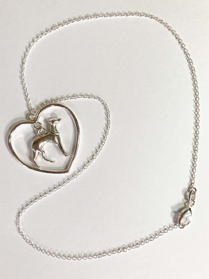 SILVER GREYHOUND WHIPPET SIGHTHOUND LURCHER CHARM NECKLACE CHAIN LOVE HEART KEEPSAKE GIFT