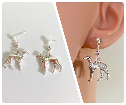 SILVER ITALIAN GREYHOUND WHIPPET SIGHTHOUND LURCHER STUD EARRINGS DROP DANGLE CHARM LOVE HEART KEEPSAKE GIFT