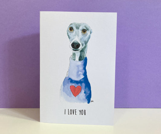 GREY BLUE WHITE WHIPPET GREYHOUND SIGHTHOUND LURCHER ITALIAN GREYHOUND LOVE HEART SWEATER LOVE YOU ART ILLUSTRATION GREETINGS CARD