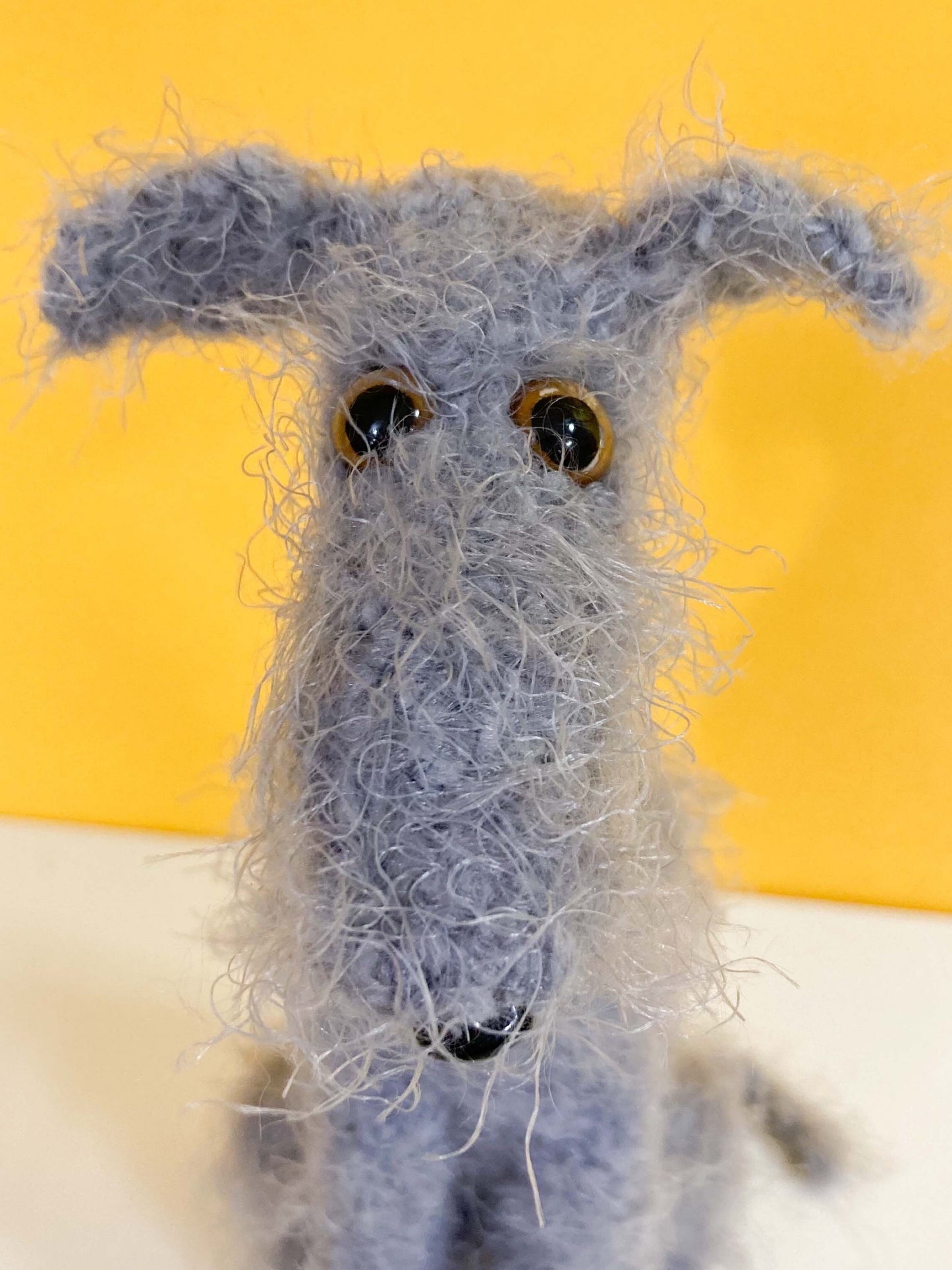 LIGHT GREY BLUE CROCHET MINI HAIRY SCRUFFY FUZZY HOUND MINI PLUSH DOG BEDLINGTON WHIPPET WOLFHOUND LURCHER DEERHOUND PLUSH KEEPSAKE MEMORIAL GIFT