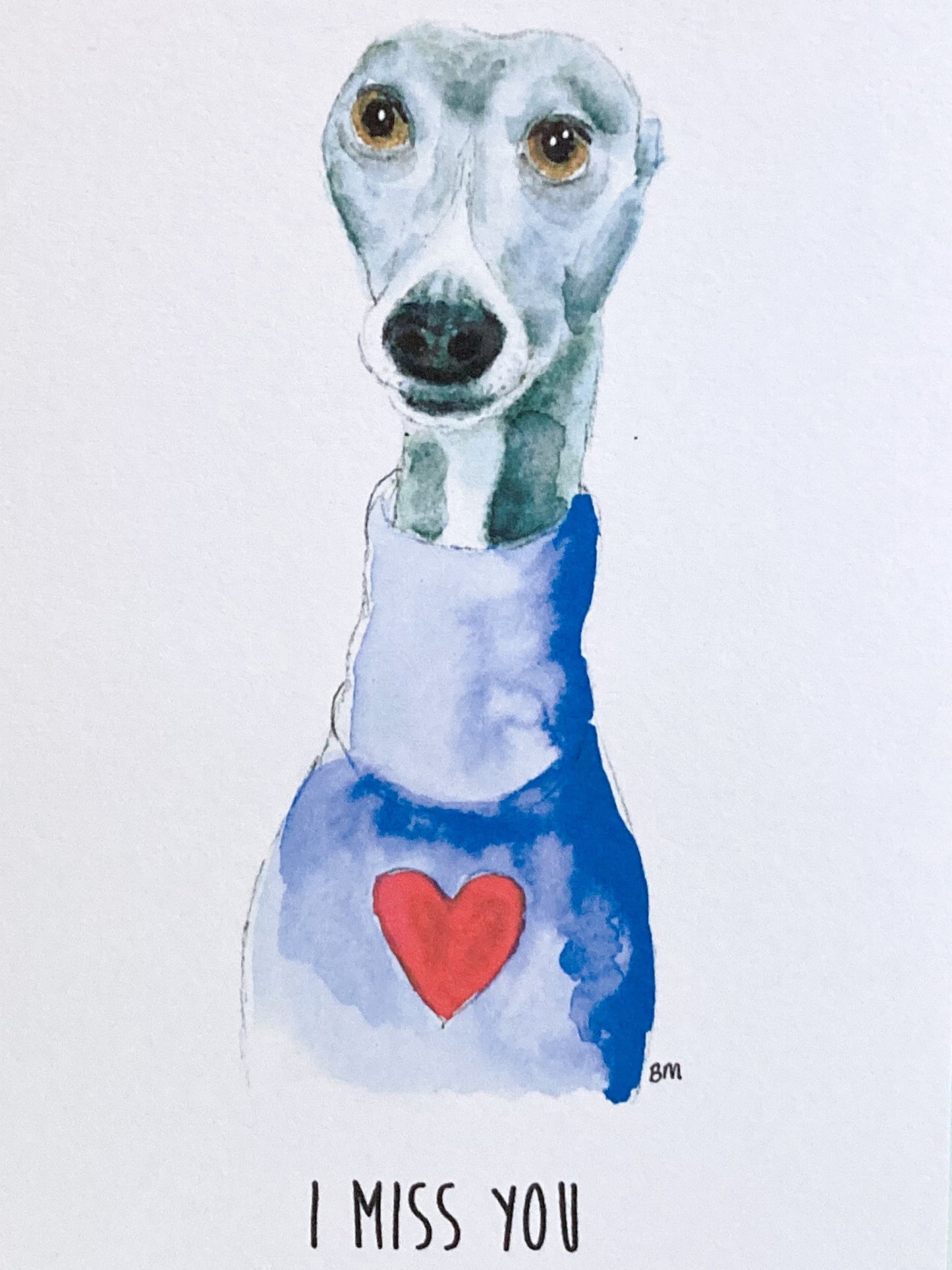 GREY BLUE WHITE WHIPPET GREYHOUND SIGHTHOUND LURCHER ITALIAN GREYHOUND LOVE HEART SWEATER MISS YOU ART ILLUSTRATION GREETINGS CARD