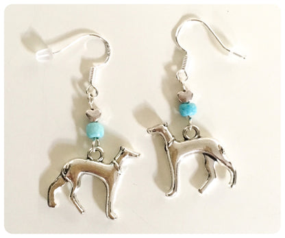 SILVER ITALIAN GREYHOUND WHIPPET SIGHTHOUND LURCHER EARRINGS NATURAL TURQUOISE GEMSTONE 925 STERLING STAINLESS STEEL CHARM HEART KEEPSAKE GIFT