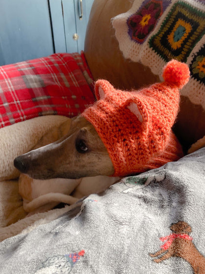 HANDMADE KNITTED WHIPPET SNOOD POINTY HOOD TEDDY BEAR EARS POM POM HAT